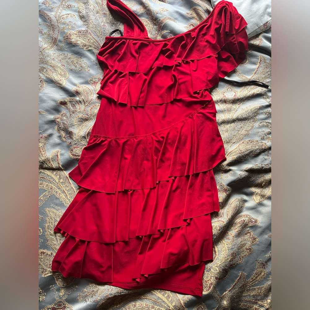 Red asymmetrical mini dress with full body ruffles.